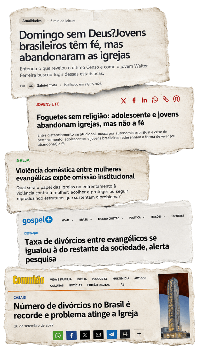 Manchetes reais sobre jovens abandonando igrejas, divórcios entre evangélicos, violência doméstica e crise familiar no Brasil.