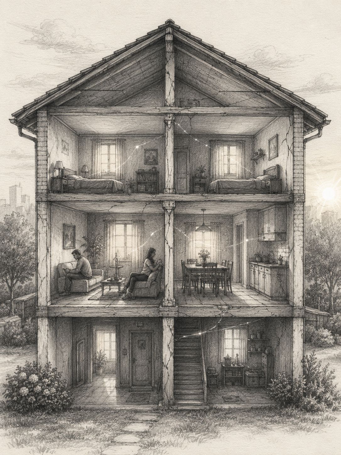 Ilustração em corte transversal de uma casa de três andares com rachaduras nas paredes, simbolizando estruturas familiares cansadas e em silenciosa fragilidade.